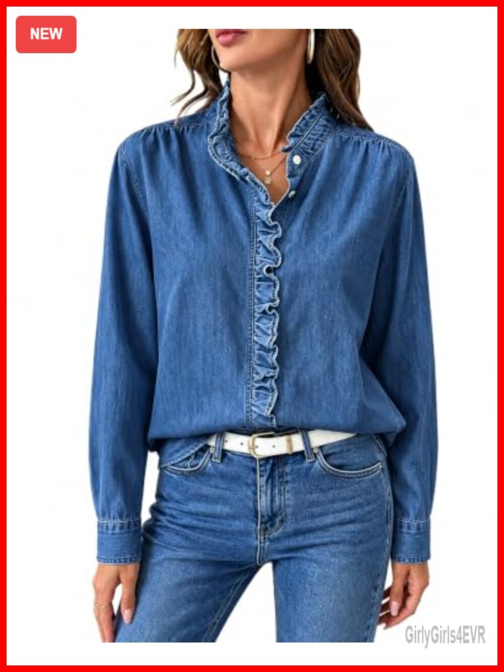 100% Cotton Ruffle V-Neck Button Down Blouse Long Sleeve Loose Fit Denim Shirt